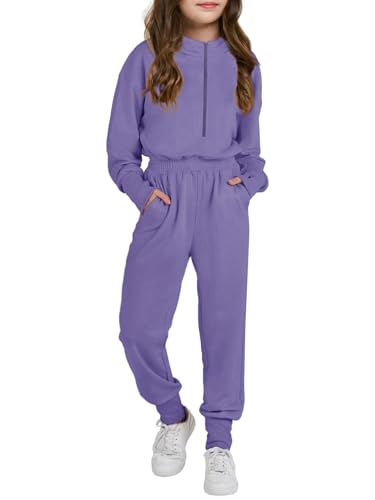 Haloumoning Lässiger Jumpsuit für Mädchen, langärmelig, mit Kapuze, Strampler, langer Einteiler mit Taschen, Größe 4–14, Violett, 7-8 Jahre