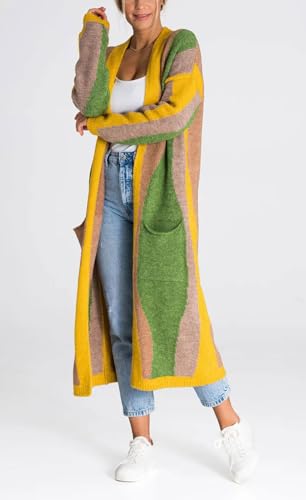 Women's Color Block Vertical Striped Cardigan Sweater Loose Fit Chunky Knit Long Coatigan Coat3