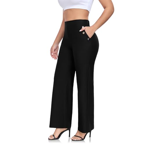 Women High Waist Stretch Straight Leg Casual Pants – Comfortable Wide Work Pants with Side Pockets