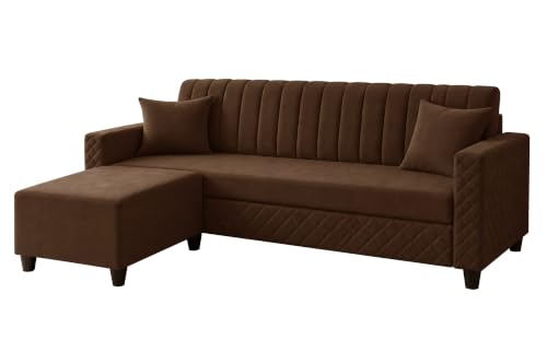 Image of 3 Seater Velvet Sofa with Ottoman | Modern Upholstered Couch | Quilted Design | Soft Comfortable Seating | Sturdy Wooden Frame | Living Room, Office - Brown