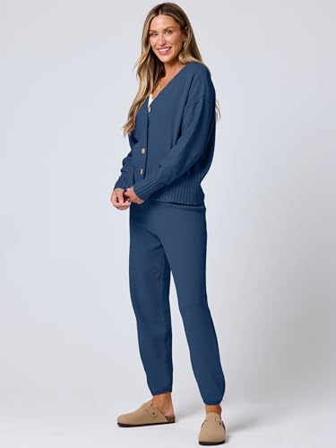 Image of ANRABESS Women 2 Piece Lounge Sets 2025 Fall Outfits Casual Waffle Knit Cardigan Sweater Pant Set Travel Airport Clothes