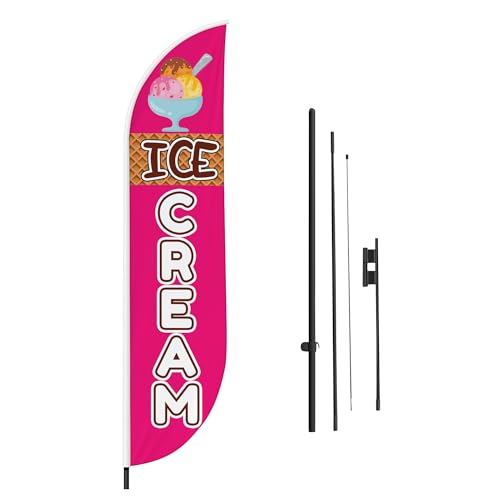 Ice Cream Feather Flag(11.5feetX2.5feet) by DreamController | Outdoor Business Advertising Tall Flag | Weather-Resistant Knitted Swooper Flag | Made in USA | HD Print (Flag Only).
