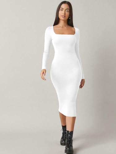 Image of Aahwan White Solid Square Neck Solid Midi Bodycon Dress for Women's & Girl's