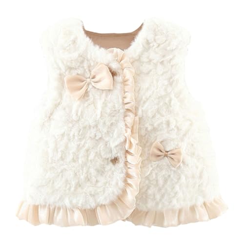 Fleece Vest for Infant Girls Button Bowknot 𝗥uffle Windproof Furry Outerwear Warm Breathable Lightweight Coat