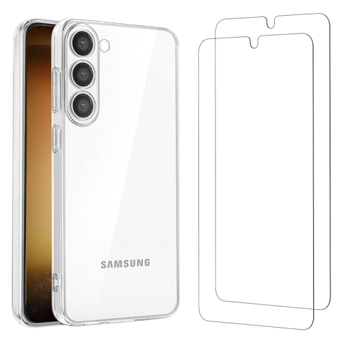 NEW'C Coque pour Samsung Galaxy S23, Ultra Transparente Silicone en Gel TPU Souple et 2 × Verre trempé pour Samsung Galaxy S23 Film Protection écran