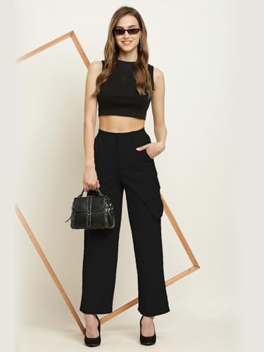 Image of Fashion Women's Casual Cargo Pants Flared High Waist Relaxed Fit Stretchable Parallel Trousers