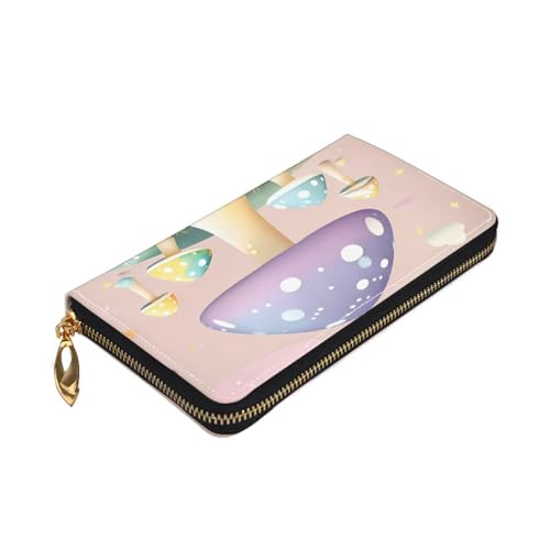 Leather Women Wallets, Long Credit Card Holder, Cartoon mushroom Print Billfold Clutch & Travel Purse Large Capacity3