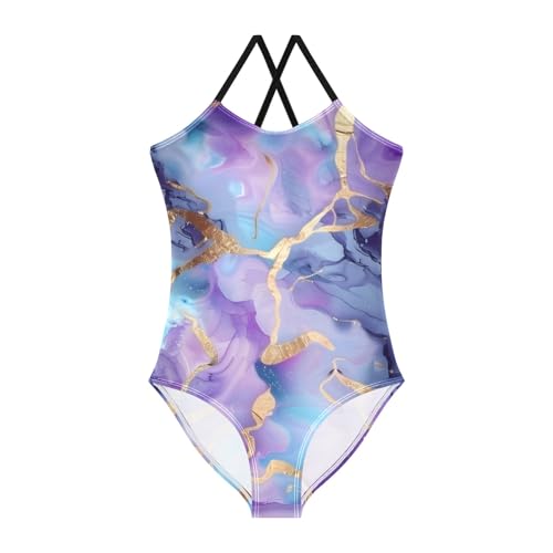 Girls Swimsuit Marble Watercolor Blue Purple One Piece Swimwear