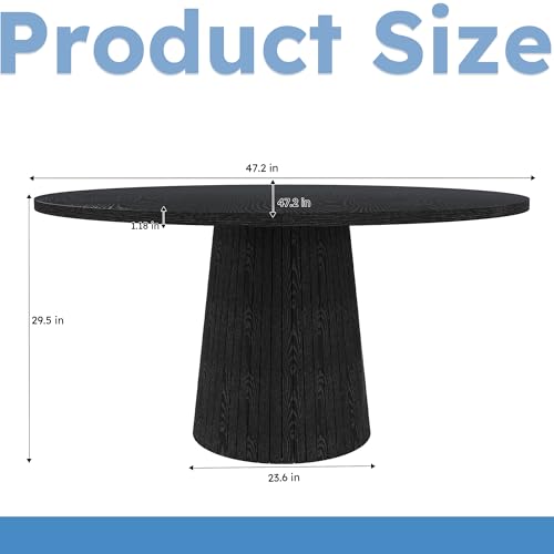 Image of Modern Round Dining Table, 47 inch Black Round Kitchen Table with Wood Grain Tabletop & Fluted Strip Base, Space Saving Circle Dining Table Seats 4-6, Ideal for Dining Room, Living Room, Small Space