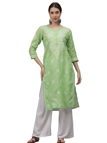 Image of Seva Chikan Hand Embroidered Lucknowi Chikankari Appricoat Peach Terivoil Cotton Kurta for Women SCL4603