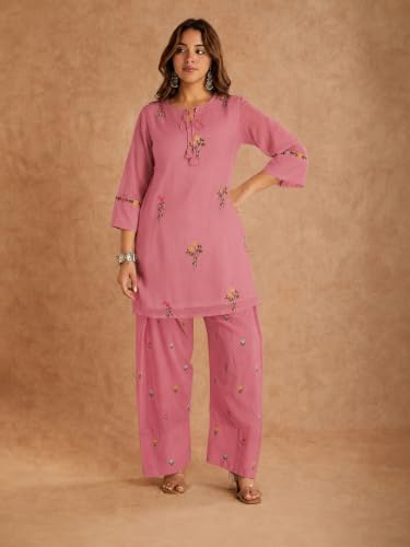 Image of ANNI Designer Farshi Salwar Suit for Women Viscose Embroidered | Co Ord Set for Woman | Straight Kurta Palazzo Outfit Round Neck V Slit 3 /4 Sleeve Ethnic Dress Womens Clothing