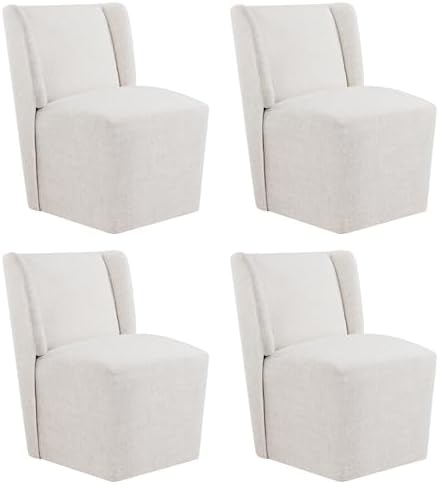 Upholstered Dining Chairs Set of 4 with Casters, Wingback Modern Side Armless Deskchair with Rollers for Diningroom Bedroom Livingroom Reading Room, Linen Fabric - Thumbnail 2