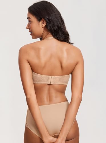Image of DOBREVA Women's Strapless Lace Bras Unlined See-Through | Underwire, Floral Lace, Sexy, Sheer, Soft, Bow, Multiway, Comfort