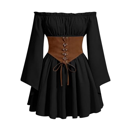 Halloween-Kostüm für Damen, Renaissance-Kleid, Korsett, schulterfrei, mittelalterlich, viktorianisch, Bauernpirat, Mini-Blusenkleider, Schwarz , S