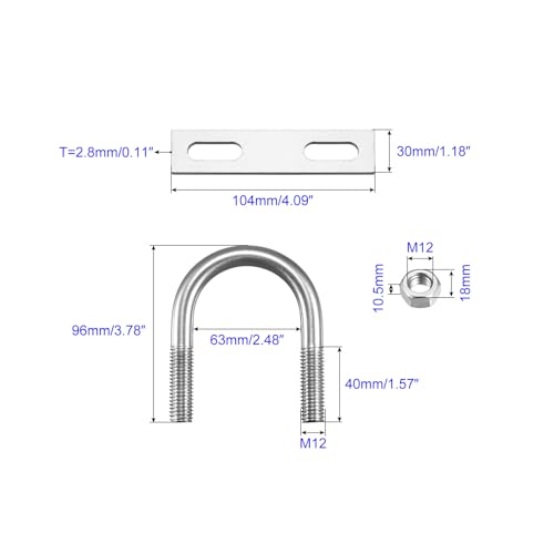 MACHSWON Round U-Bolt,3 Set 304 Stainless Steel M12 U Bolts 63mm(2.5") Inner Width 96mm Length with Nuts and Frame Plate for Automobiles Boat Trailer - Image 2