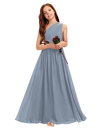 A-line One Shoulder Floor-Length Chiffon Junior Bridesmaid Dress for Wedding Teen Girls Party Gowns