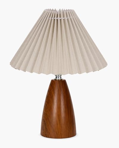 Image of Homesake Wood Grain Pattern Small Table Lamp, Desk Light, Wooden Bedroom Lamps for Nightstand, Scalloped Lamp Shade Table Lamps Small Spaces, Bedroom, Living Room, Taper Cone, (Pleated Khadi)