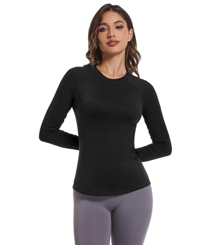 Image of Womens Long Sleeve Compression Shirts Sun Protection Workout Underscrubs | UPF 50+ breathable UV SPF rash guard, Moisture wicking dry fit cooling undershirt, Snug stretch tops for gym & daily wear