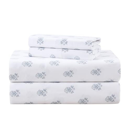 Comfort Spaces 100% Cotton Sheets Queen, Breathable, Naturally Cool Cotton Sheets, Soft Cotton Bed Sheets with 14" Elastic Pocket Fits up to 16" Mattress, All Seasons Sheet Set, Floral Blue 4 Piece