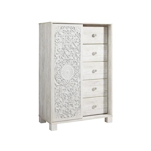 Signature Design by Ashley Paxberry Boho 5 Drawer Dressing Chest with Slider Door & 3 Adjustable Shelves, Whitewash
