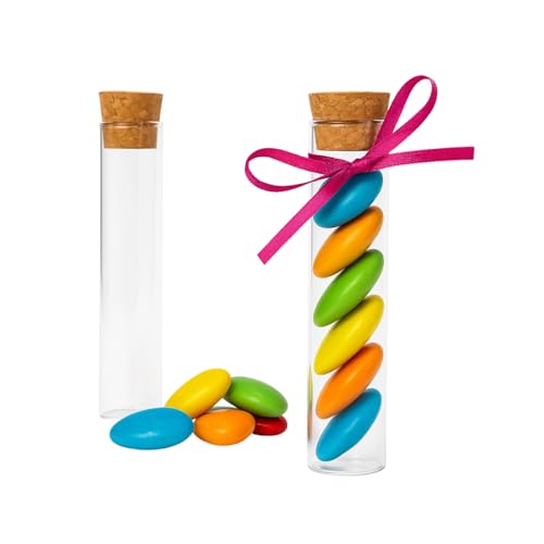 Virsus Lot de 48 porte-dragées en verre avec bouchon en liège, 10 cm, porte-dragées, bonbonnières, baptême, mariés, mariage