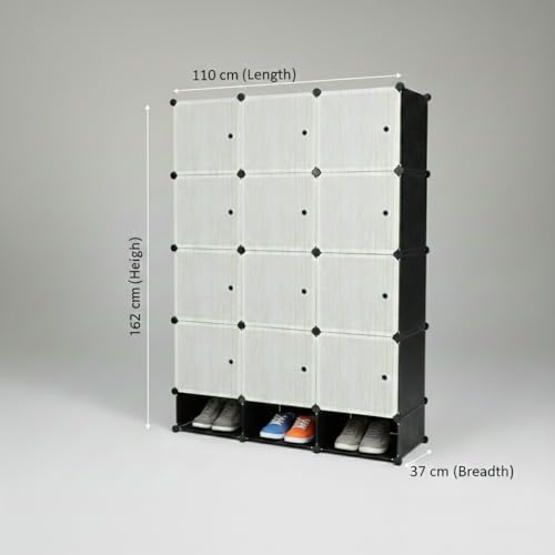 Image of KRISHYAM12-Cube Modular Wardrobe with Doors, Hanging Rod & 3 Shoe Boxes, Space-Saving DIY Closet Organizer for Clothes, Shoes, Toys & Home Storage,