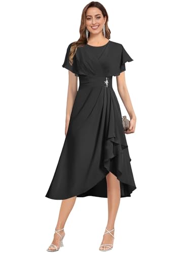 Tea Length Mother of The Bride Dresses for Women Flutter Sleeve Pleated Wedding Guest Formal Gown