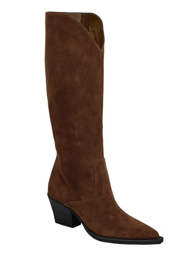 Coutgo Womens Wide Calf Cowboy Boots Suede Knee High Chunky Heel Pointed Toe Western Cowgirl Boots