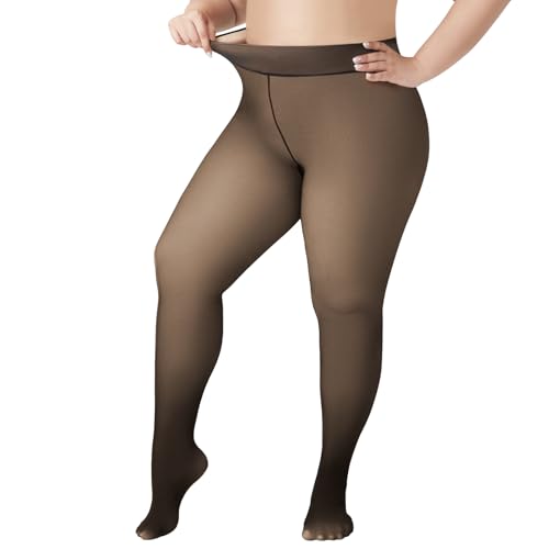 Image of WiliW Plus Size Fleece Lined Tights for Women, Sheer Winter Warm High Waist Thermal Tights Fake Translucent