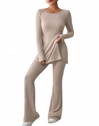 Uusollecy Strickanzug Damen 2-teilig - Lounge Set Mit Weiten Beinen & Knopfdesign