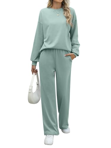 REORIA Damen Baumwolle Rundhals Jogginganzug Langärmliges Oberteil und weite Hose Zweiteiler Trainingsanzug Hausanzug Sport Set Lounge Set Grün Blau M REORIA Damen Baumwolle Rundhals Jogginganzug Langärmliges Oberteil und weite Hose Zweiteiler Trainingsanzug Hausanzug Sport Set Lounge Set Grün Blau M