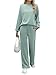 REORIA Damen Baumwolle Rundhals Jogginganzug Langärmliges Oberteil und weite Hose Zweiteiler Trainingsanzug Hausanzug Sport Set Lounge Set Grün Blau L