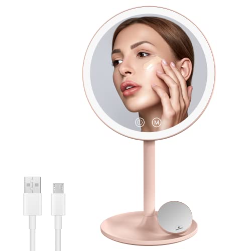 EMKE Miroir de Maquillage avec éclairage LED avec 3 Couleurs de lumière, Miroir de Maquillage Pratique avec grossissement 1/3x, luminosité Variable et Interrupteur Tactile (Rose) Cover