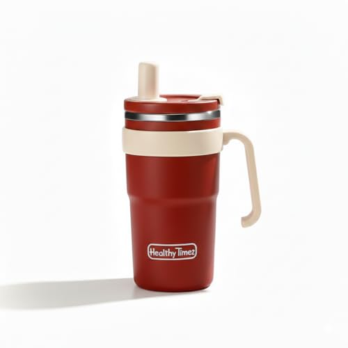 Image of Tea Infuser Travel Mug with Stainless Steel Filter & Straw, Leakproof Insulated Coffee Tumbler for Car Cup Holders, Double Wall Water Bottle, 600ML - Ruby Red