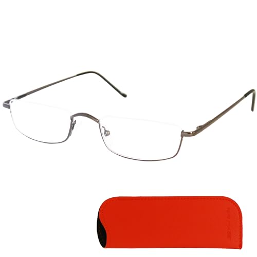 Mini Brille Metall Halbrand oben Lesebrille Halbbrille Rechteckig, Gratis Etui und Brillenputztuch, Edelstahl Rahmen (Graphit) mit Federscharnier, Lesehilfe Damen und Herren +2.0 Dioptrien