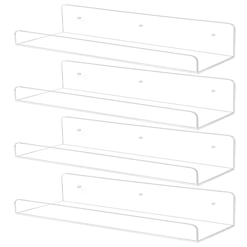 TONICE 4 Pack Acrylic Shelves for Wall 15in Floating Shelf Wall Mounted Set for Room, Bedroom, Bathroom, Kitchen, Living Room, Office Book Shelf Storage Decor