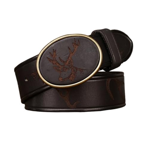 Western Genuine Cowhide Leather Embossed Belt for Men Women,Engraved Deer Oval Buckle Cowboy Snap Strap 1.5