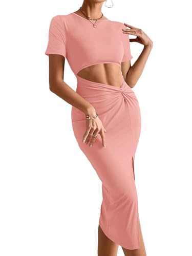 Image of Rooscier Women's Twist Cutout Waist Split Crewneck Short Sleeve Bodycon Midi Dress