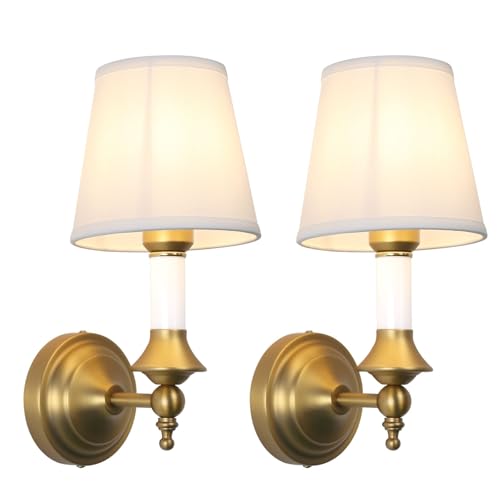 Image of PERMO Wall Sconces Set of 2 Antique Classic Sconce with Funnel White Textile Shade Hardwired Wall Mounted Light for Hallway Bedroom Living Room