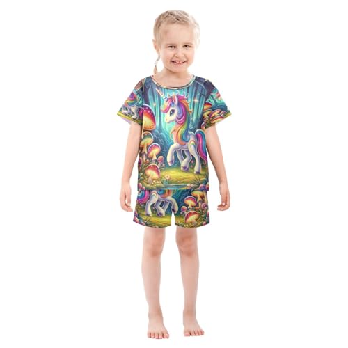 Unicorns Mushroom Teal Pajama Set Short Sleeve PJS 2 Piece Summer Pajamas Shorts Sets Cotton 5Y3