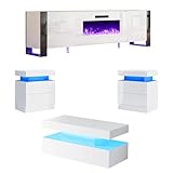 AMERLIFE 4-Piece Living Room Table Set, Includes 70 inch Fireplce TV Stand, 2-Tier Center Table with 2 End Side Tables, High Gloss Coffee Table Set, All White