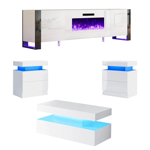 AMERLIFE 4-Piece Living Room Table Set, Includes 70 inch Fireplce TV Stand, 2-Tier Center Table with 2 End Side Tables, High Gloss Coffee Table Set, All White