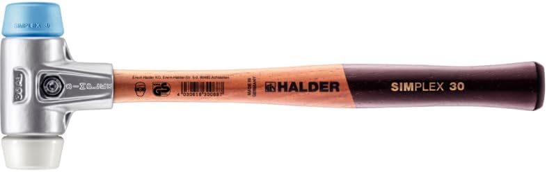 Halder Simplex Soft-Faced Mallet, Medium-Hard Superplastic Insert, TPE–Soft Insert, Lightweight Aluminum Housing with Handle Protection Sleeve, Varnished Wooden Handle, 30mm, .4 lbs.