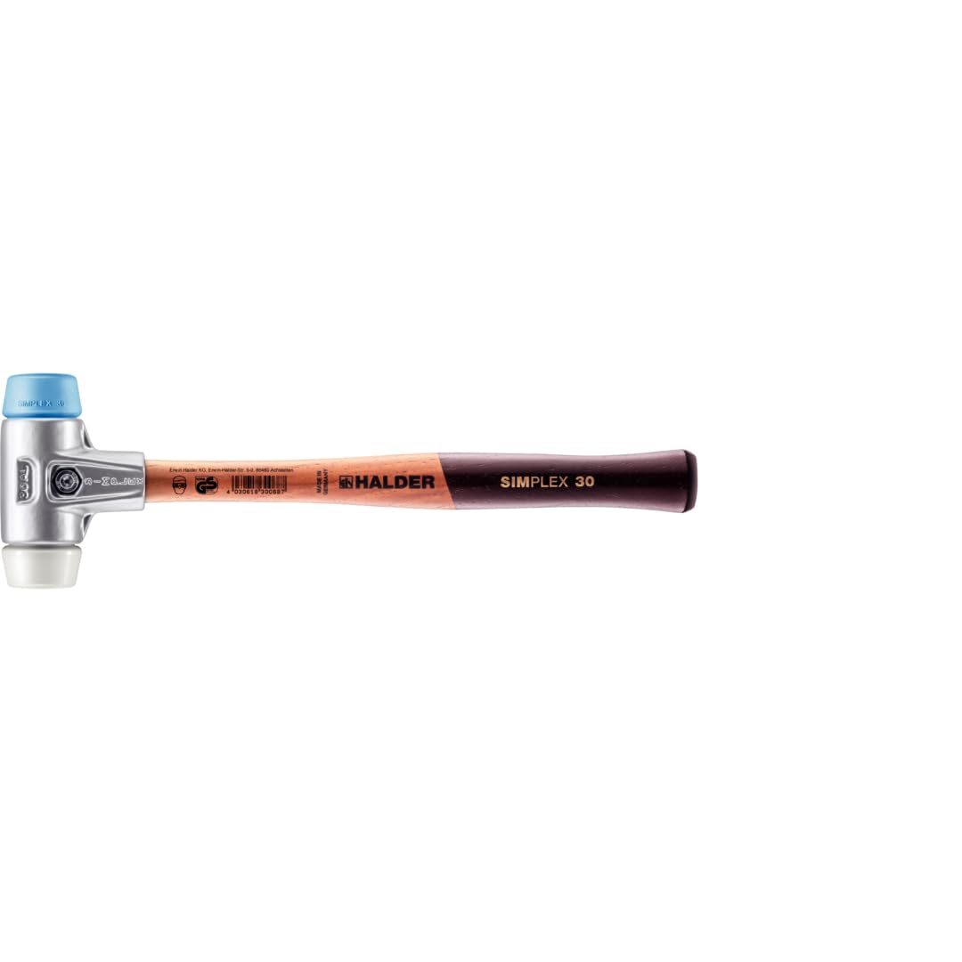 Halder Simplex Soft-Faced Mallet 3117.030 - Medium-Hard Superplastic Insert, TPE-Soft Insert, Lightweight Aluminum Housing with Handle Protection Sleeve, Varnished Wooden Handle, 30mm, .4 lbs.