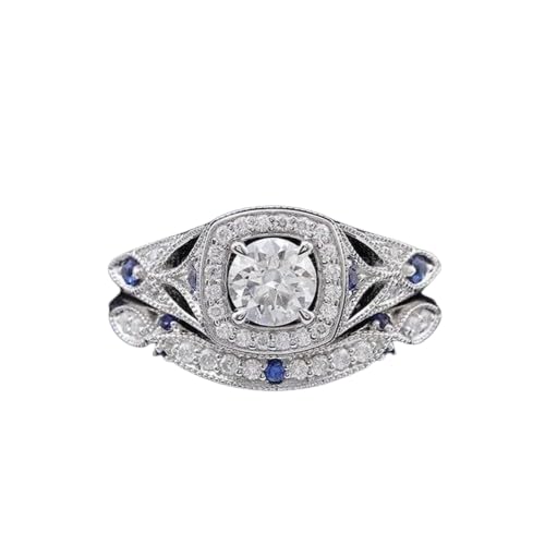Ssjewel 1 Ct White Blue Sapphire Round CZ Diamond Halo Ring Set Curved Bridal Band 14K White Gold Plated Stackable Wedding Ring Set Engagement Ring Set Milgrain Band Set Handmade 925 Sterling Silver