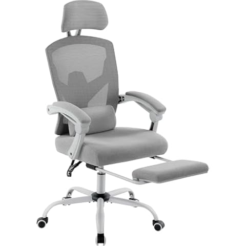 DUMOS Home Office Desk Chair with Footrest, High-Back Mesh Rolling Swivel Reclining Chairs with Wheels, Comfortable Headrest, Lumbar Support, Comfy Arms for Home, Office, Gaming, Student, Grey Cover