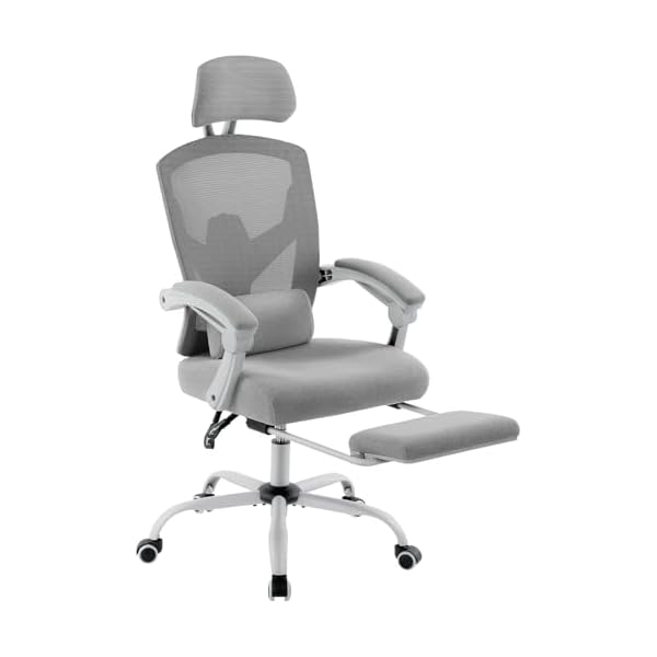 DUMOS Home Office Desk Chair with Footrest, High-Back Mesh Rolling Swivel Reclining Chairs with Wheels, Comfortable Headrest, Lumbar Support, Comfy Arms for Home, Office, Gaming, Student, Grey