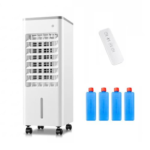 Enfriador de aire evaporativo portátil 4 en 1 con control remoto, tanque de agua de 6 litros, ideal para dormitorio, 4 modos, 3 velocidades de viento, temporizador de 7.5 horas, tanque de agua grande