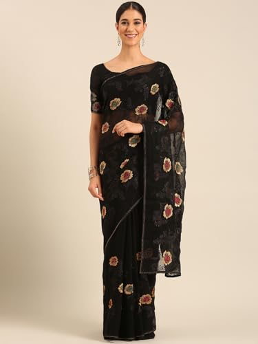 Image of Panzora Women's Chiffon Embroiderd Saree With Blouse Piece