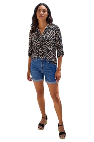 Roman Shirt for Women UK Ladies Top Collarless Blouse Stretchy Tunic Smart Casual Autumn Winter Jersey 3/4 Length Sleeve Notch V Neck Flattering Office Work - Black Natural - Size 14